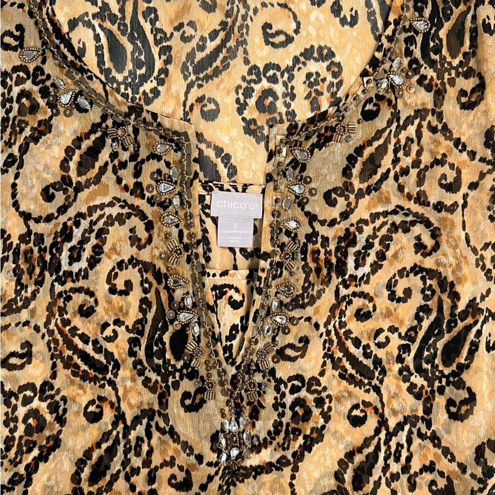 Chicos Womens Paisley Tunic Top Size XL Beaded Resort Flowy Boho Beach Loose - Picture 3 of 10